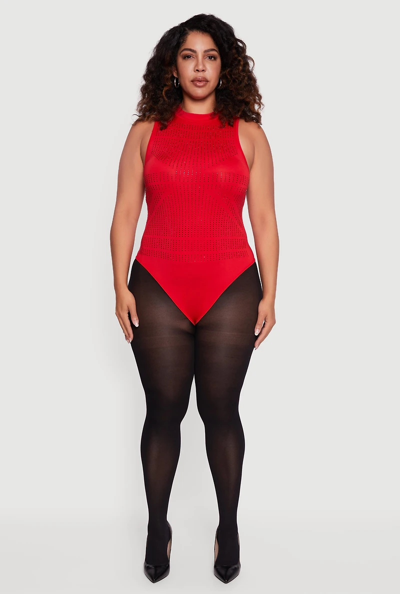 Plus Rhinestone Detail Sleeveless Mock Neck Bodysuit