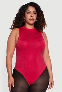 Womens Plus Rhinestone Detail Sleeveless Mock Neck Bodysuit,