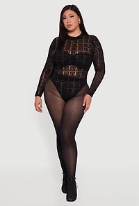 Womens Plus Size Greek Key Velvet Burnout Mock Neck Bodysuit, Black, Size 1X