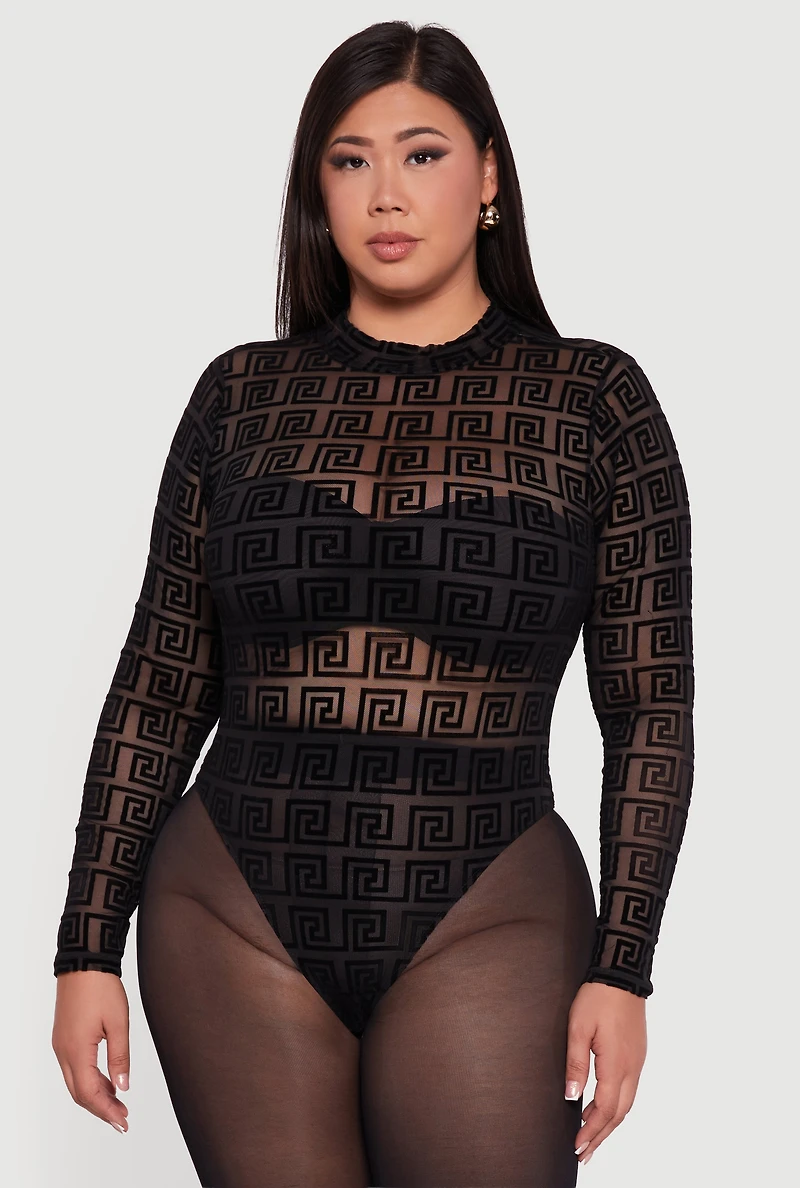 Womens Plus Size Greek Key Velvet Burnout Mock Neck Bodysuit, Black, Size 2X