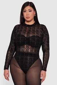 Womens Plus Size Greek Key Velvet Burnout Mock Neck Bodysuit, Black, Size 1X