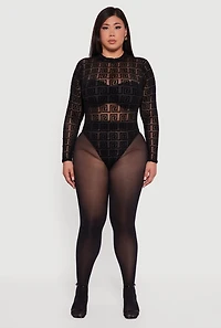 Womens Plus Size Greek Key Velvet Burnout Mock Neck Bodysuit, Black, Size 3X