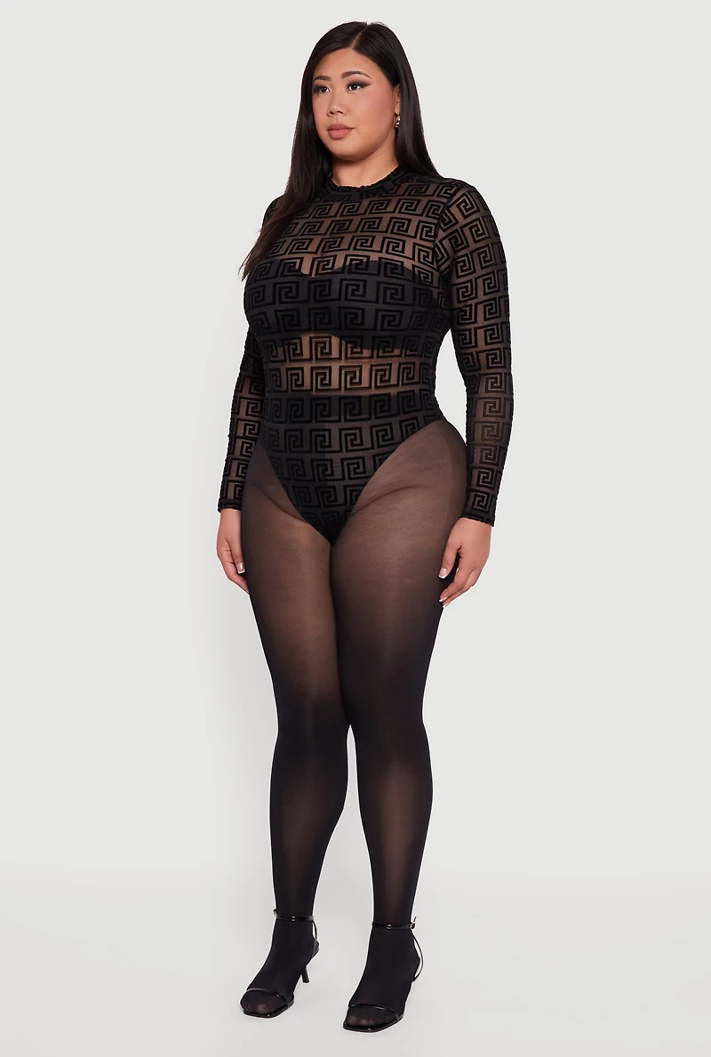 Womens Plus Size Greek Key Velvet Burnout Mock Neck Bodysuit, Black, Size 1X