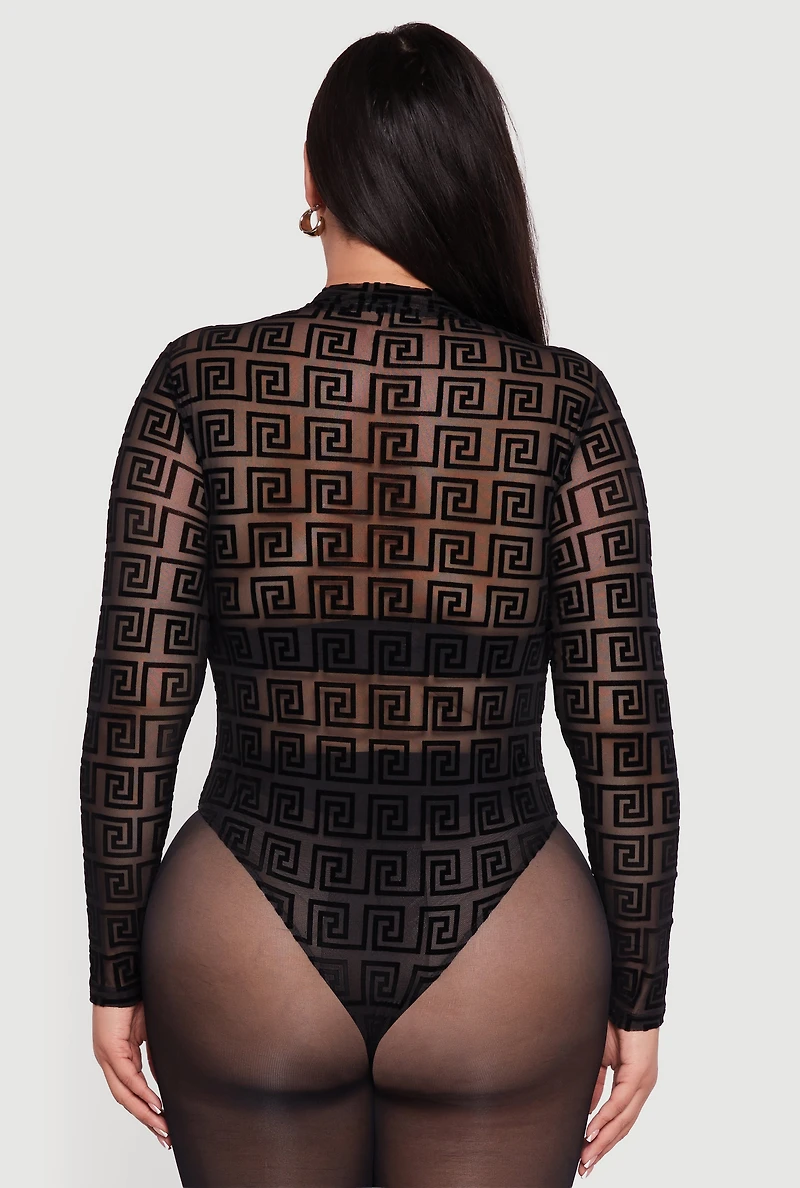 Womens Plus Size Greek Key Velvet Burnout Mock Neck Bodysuit, Black, Size 1X