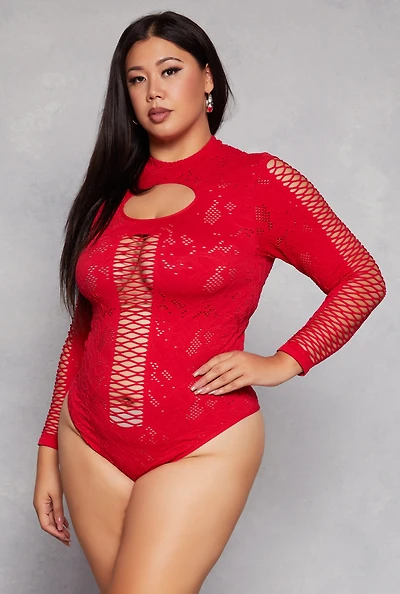 Womens Plus Size Keyhole Fishnet Detail Long Sleeve Bodysuit, Red, Size 1X-2X