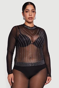 Plus Rhinestone Detail Long Sleeve Bodysuit