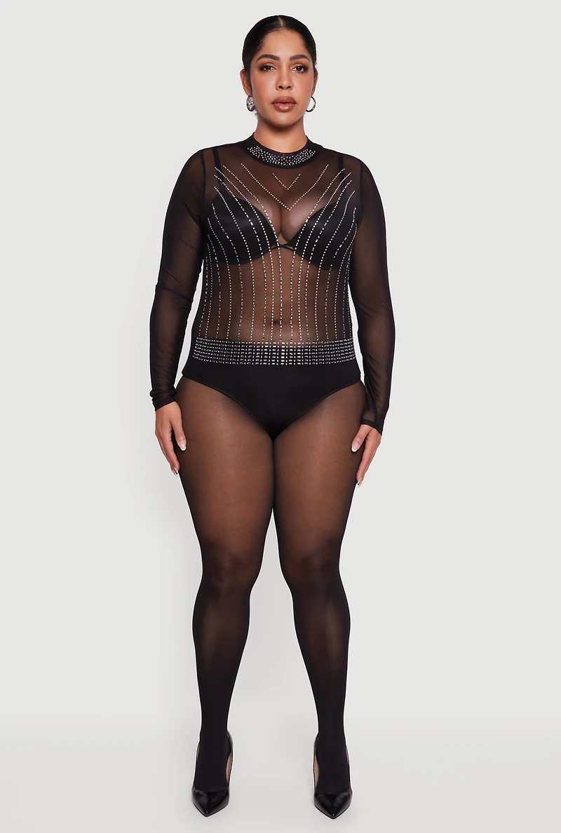 Plus Rhinestone Detail Long Sleeve Bodysuit
