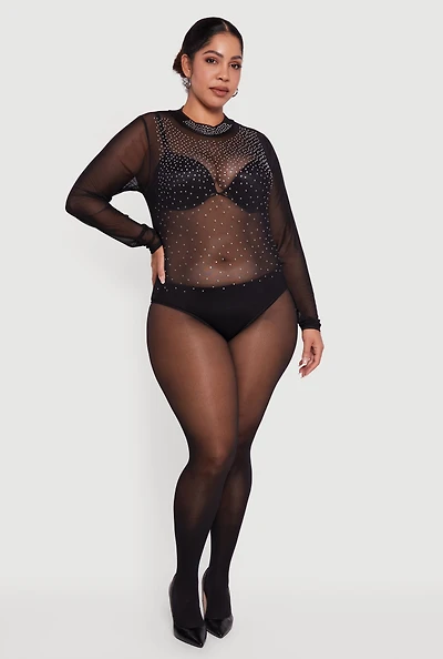 Womens Plus Size Rhinestone Graphic Long Sleeve Mesh Bodysuit, Black, Size 1X