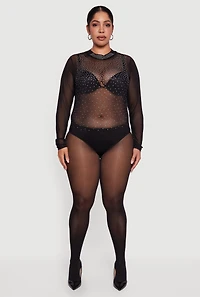 Plus Rhinestone Graphic  Long Sleeve Mesh Bodysuit