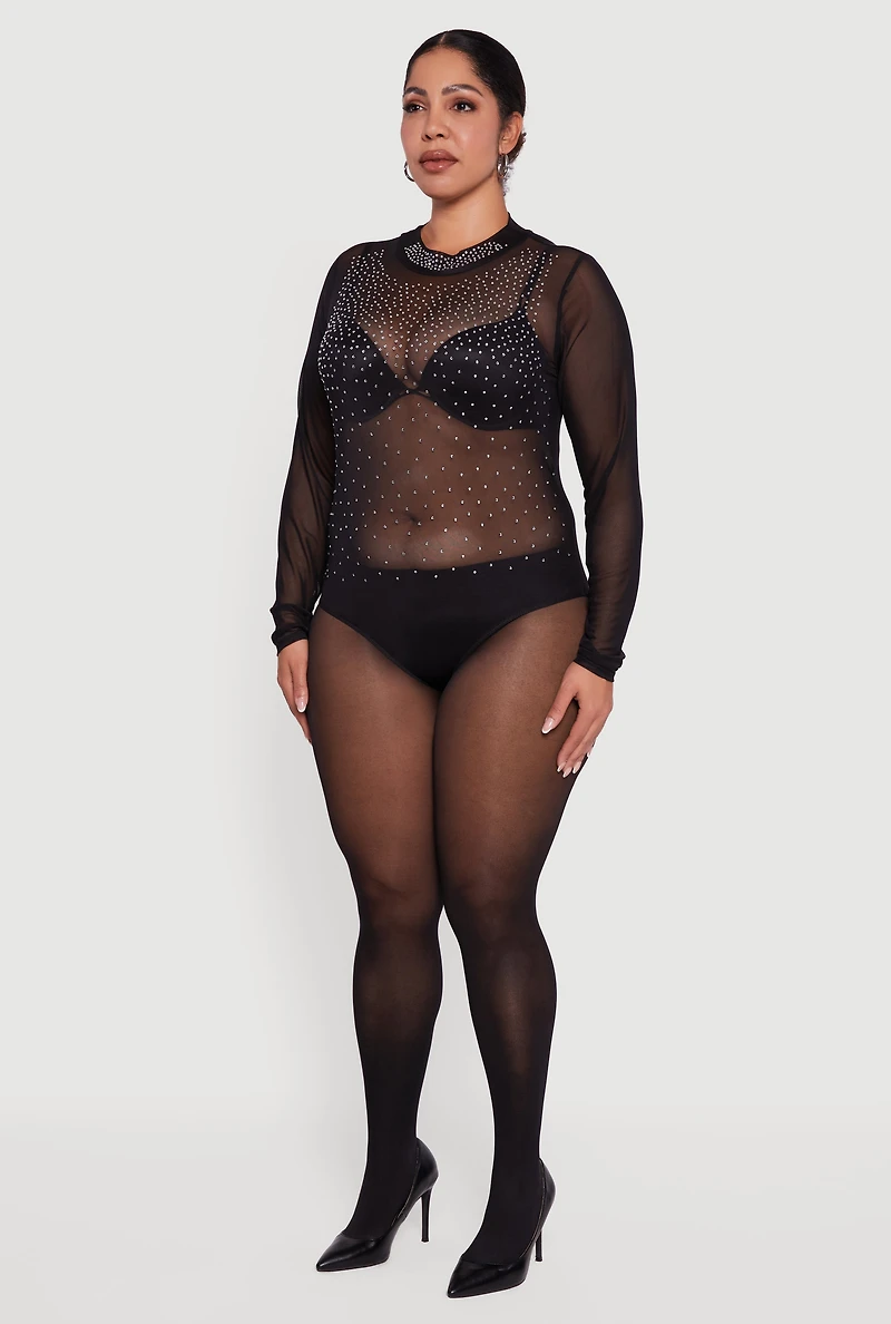 Plus Rhinestone Graphic  Long Sleeve Mesh Bodysuit