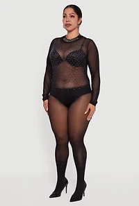 Plus Rhinestone Graphic  Long Sleeve Mesh Bodysuit