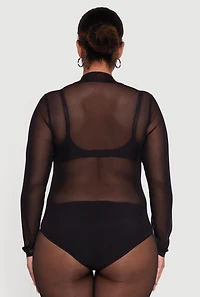 Plus Rhinestone Graphic  Long Sleeve Mesh Bodysuit