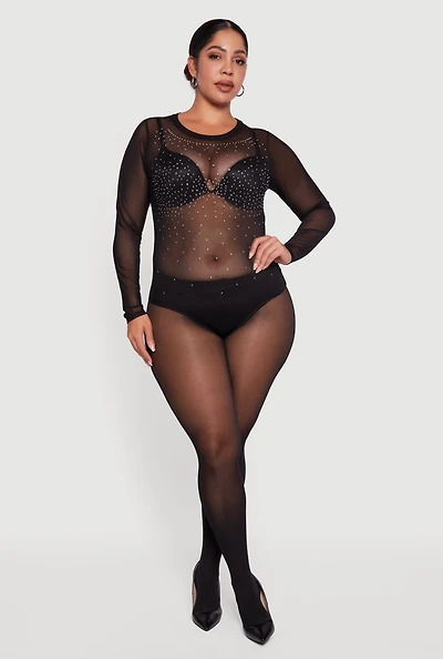 Womens Plus Size Rhinestone Detail Scoop Neck Mesh Bodysuit, Black, Size 2X