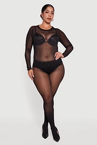 Plus Rhinestone Detail Scoop Neck Mesh Bodysuit