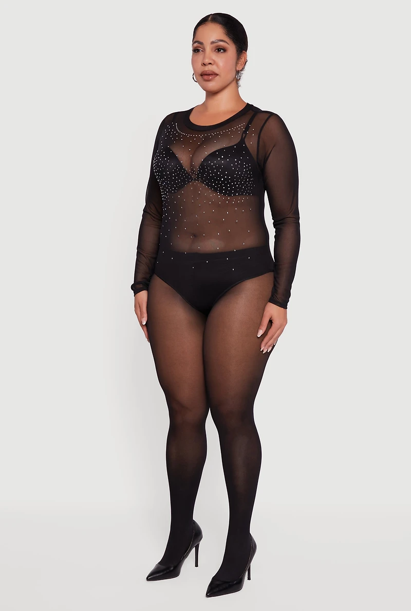 Womens Plus Size Rhinestone Detail Scoop Neck Mesh Bodysuit, Black, Size 2X