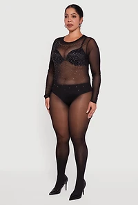 Womens Plus Size Rhinestone Detail Scoop Neck Mesh Bodysuit, Black, Size 2X
