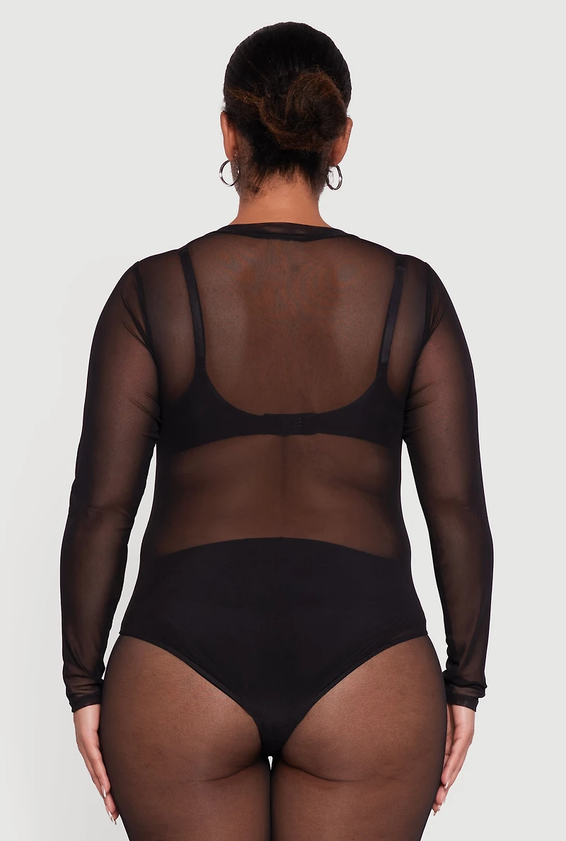 Womens Plus Size Rhinestone Detail Scoop Neck Mesh Bodysuit, Black, Size 2X