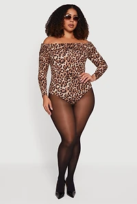 Plus Ruched Fold Over Off Shoulder Animal Print Bodysuit