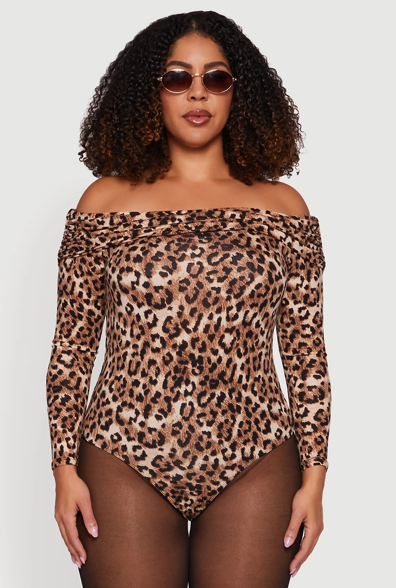 Womens Plus Ruched Fold Over Off Shoulder Animal Print Bodysuit, Brown,
