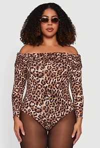 Womens Plus Ruched Fold Over Off Shoulder Animal Print Bodysuit, Brown,