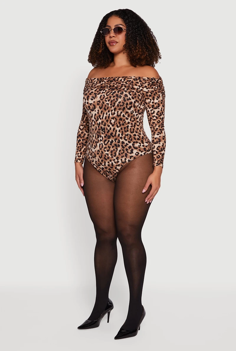 Womens Plus Ruched Fold Over Off Shoulder Animal Print Bodysuit, Brown,