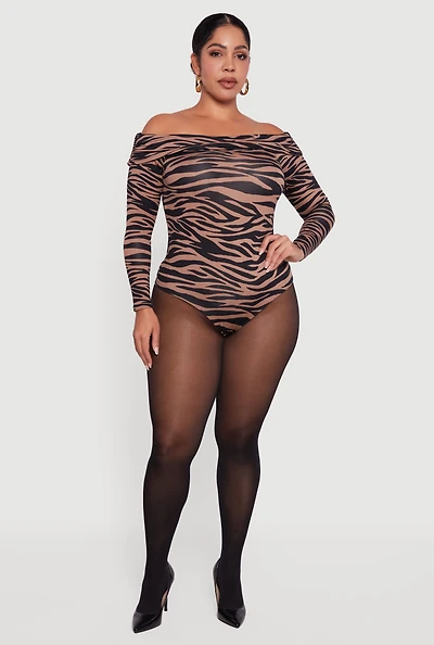 Womens Plus Size Ruched Fold Over Off Shoulder Animal Print Bodysuit, Brown, Size 2X