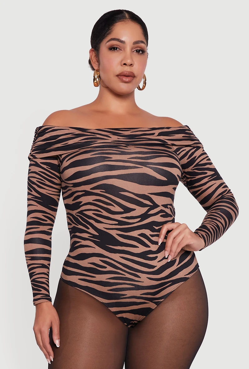 Plus Ruched Fold Over Off Shoulder Animal Print Bodysuit