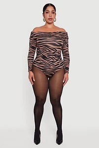 Plus Ruched Fold Over Off Shoulder Animal Print Bodysuit