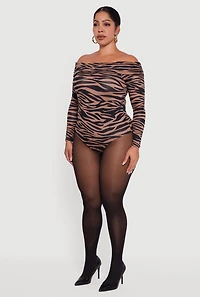 Plus Ruched Fold Over Off Shoulder Animal Print Bodysuit
