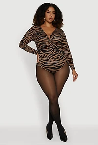 Womens Plus Size Twist Front Animal Print Long Sleeve Bodysuit, Brown, Size 1X