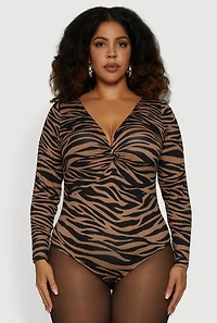 Plus Twist Front Animal Print Long Sleeve Bodysuit