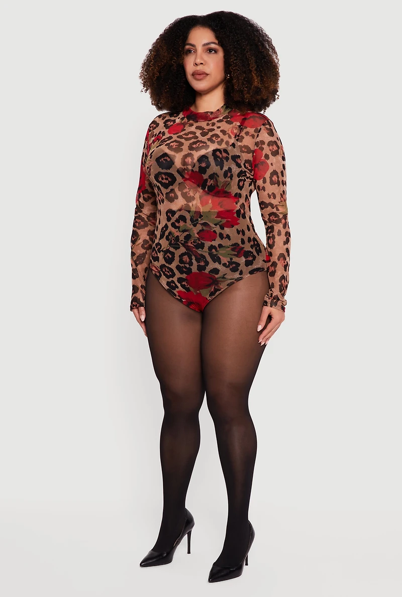 Womens Plus Long Sleeve Mock Neck Patterned Mesh Bodysuit, 3X