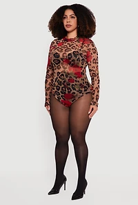 Womens Plus Long Sleeve Mock Neck Patterned Mesh Bodysuit, 3X