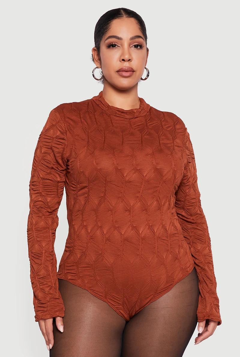 Plus Textured Knit Long Sleeve Mock Neck Bodysuit