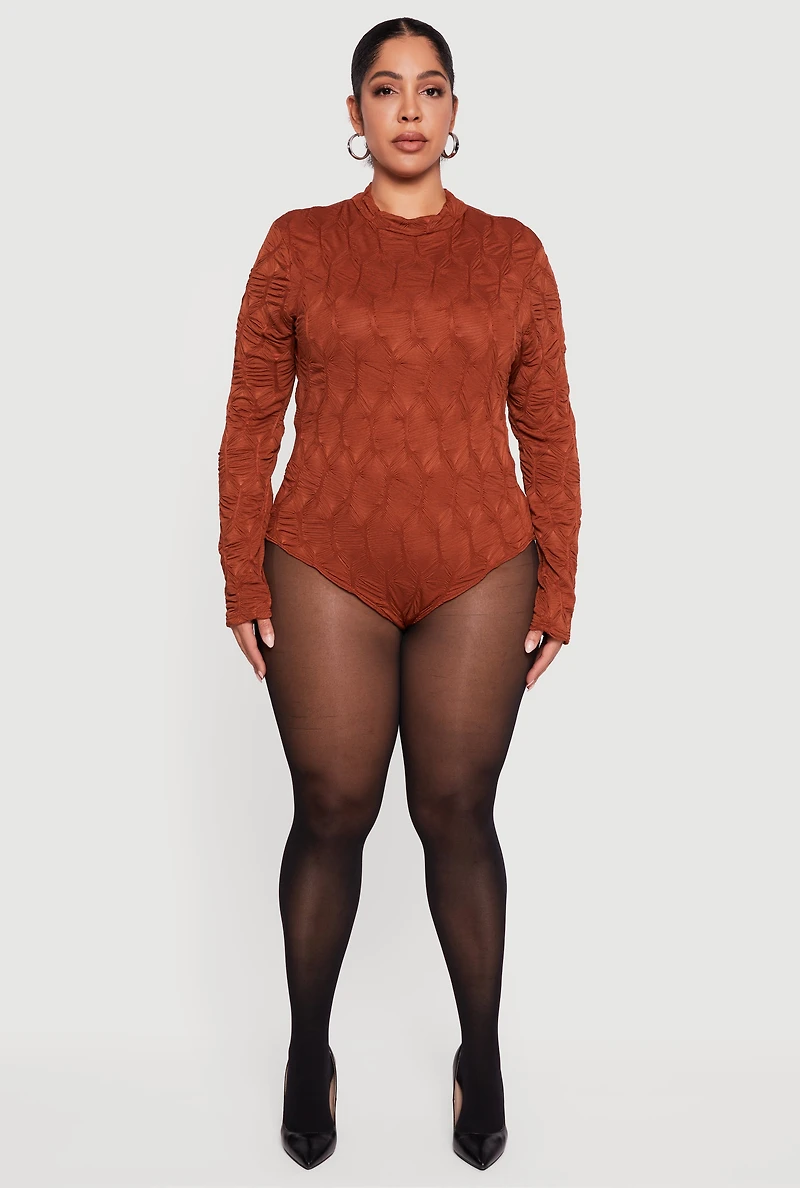 Plus Textured Knit Long Sleeve Mock Neck Bodysuit