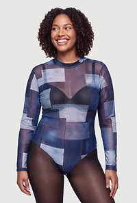 Plus Patchwork Denim Print Long Sleeve Mesh Bodysuit