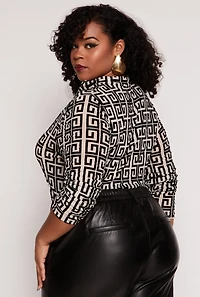 Womens Plus Size Geometric Print Half Zip Bodysuit, Multi, Size 2X