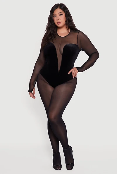Womens Plus Size Mesh Velvet Long Sleeve Bodysuit, Black, Size 1X