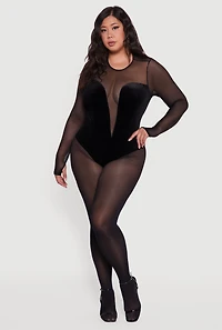 Womens Plus Size Mesh Velvet Long Sleeve Bodysuit, Black, Size 3X