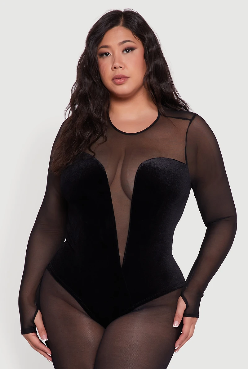 Womens Plus Size Mesh Velvet Long Sleeve Bodysuit, Black, Size 3X