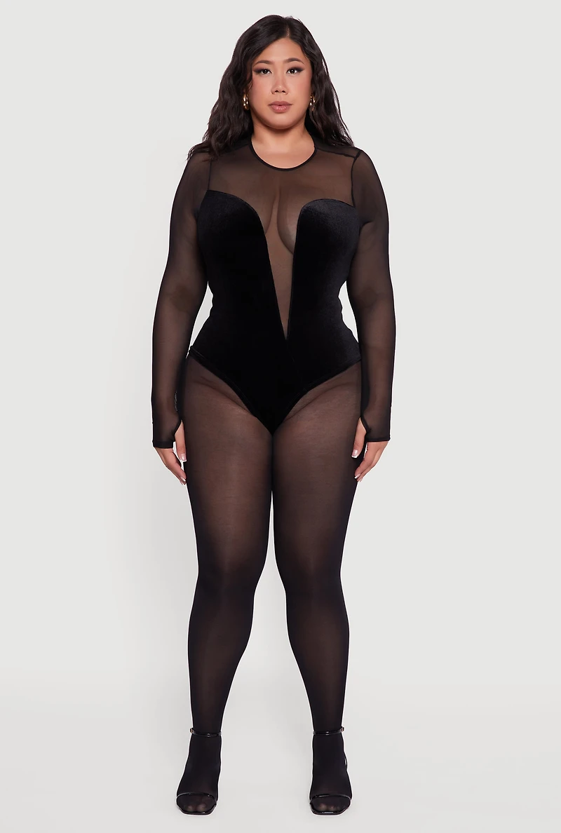 Womens Plus Size Mesh Velvet Long Sleeve Bodysuit, Black, Size 3X