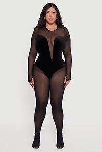 Womens Plus Size Mesh Velvet Long Sleeve Bodysuit, Black, Size 3X
