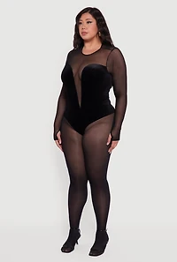 Womens Plus Size Mesh Velvet Long Sleeve Bodysuit, Black, Size 3X