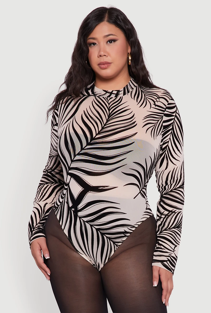 Womens Plus Leaf Velvet Burnout Mock Neck Bodysuit, Multi,