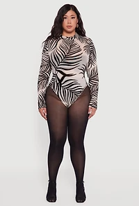 Womens Plus Leaf Velvet Burnout Mock Neck Bodysuit, Multi,