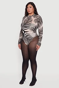 Womens Plus Leaf Velvet Burnout Mock Neck Bodysuit, Multi,