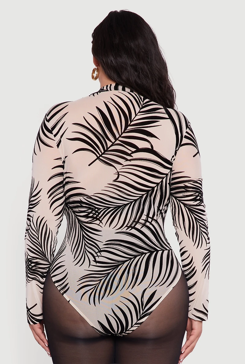 Womens Plus Leaf Velvet Burnout Mock Neck Bodysuit, Multi,