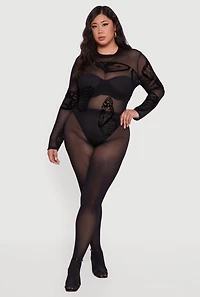Womens Plus Size Butterfly Print Velvet Burnout Bodysuit, Black, Size 1X