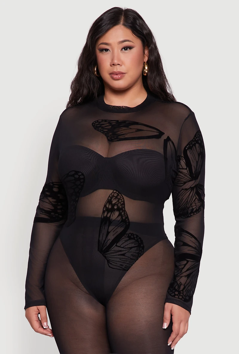Womens Plus Butterfly Print Velvet Burnout Bodysuit, Black,