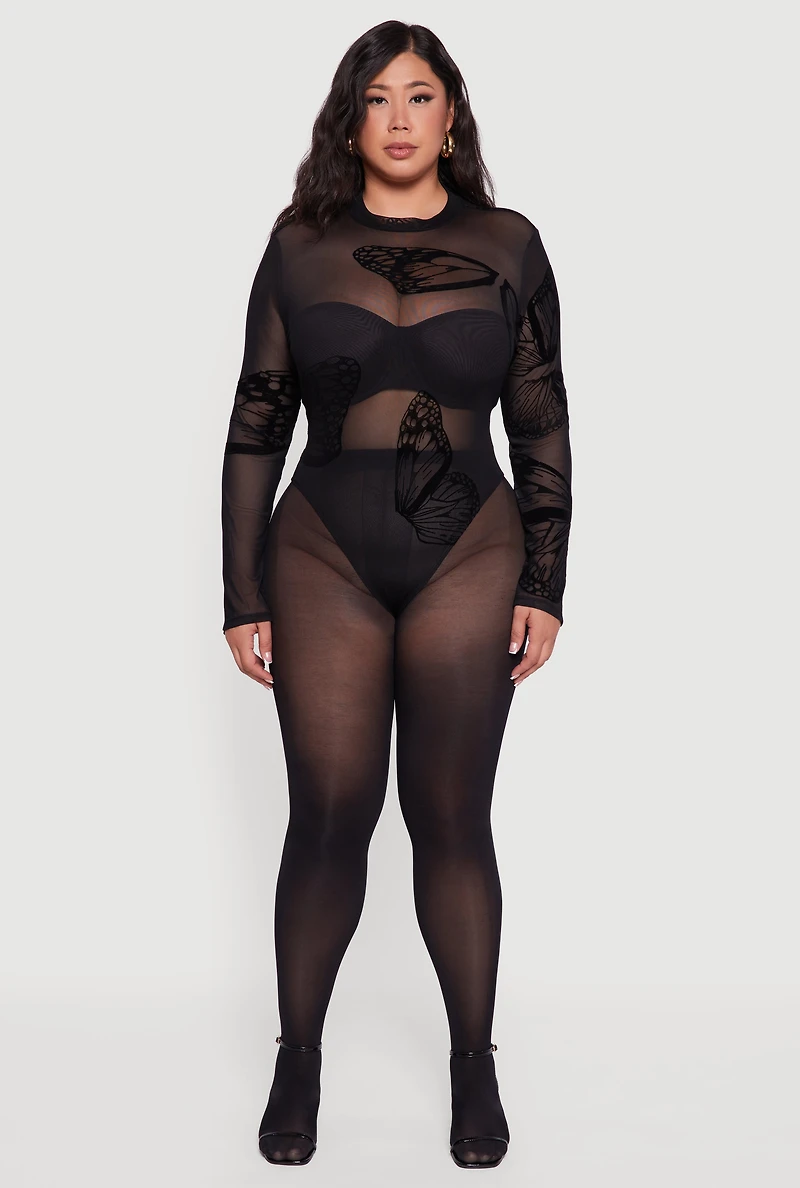 Womens Plus Butterfly Print Velvet Burnout Bodysuit, Black,